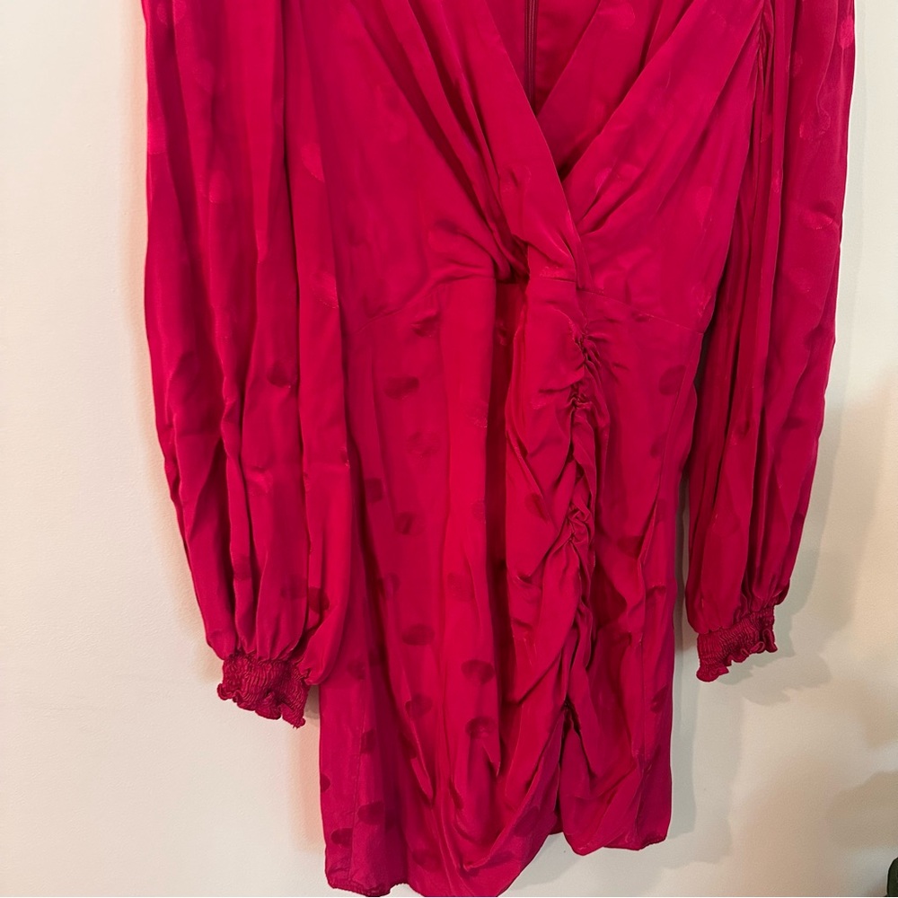 Zara Polka Dot Satin V Neck Ruched Long Sleeve Dress Magenta Size Medium - Picture 5 of 10